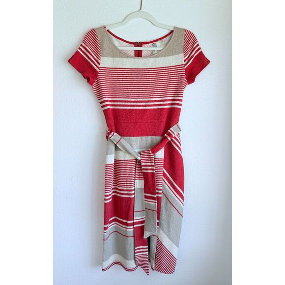 Anthropologie Lilka Sorella Mixed Stripes Short Sleeve Belted Dress in Red & Tan - Picture 4 of 12